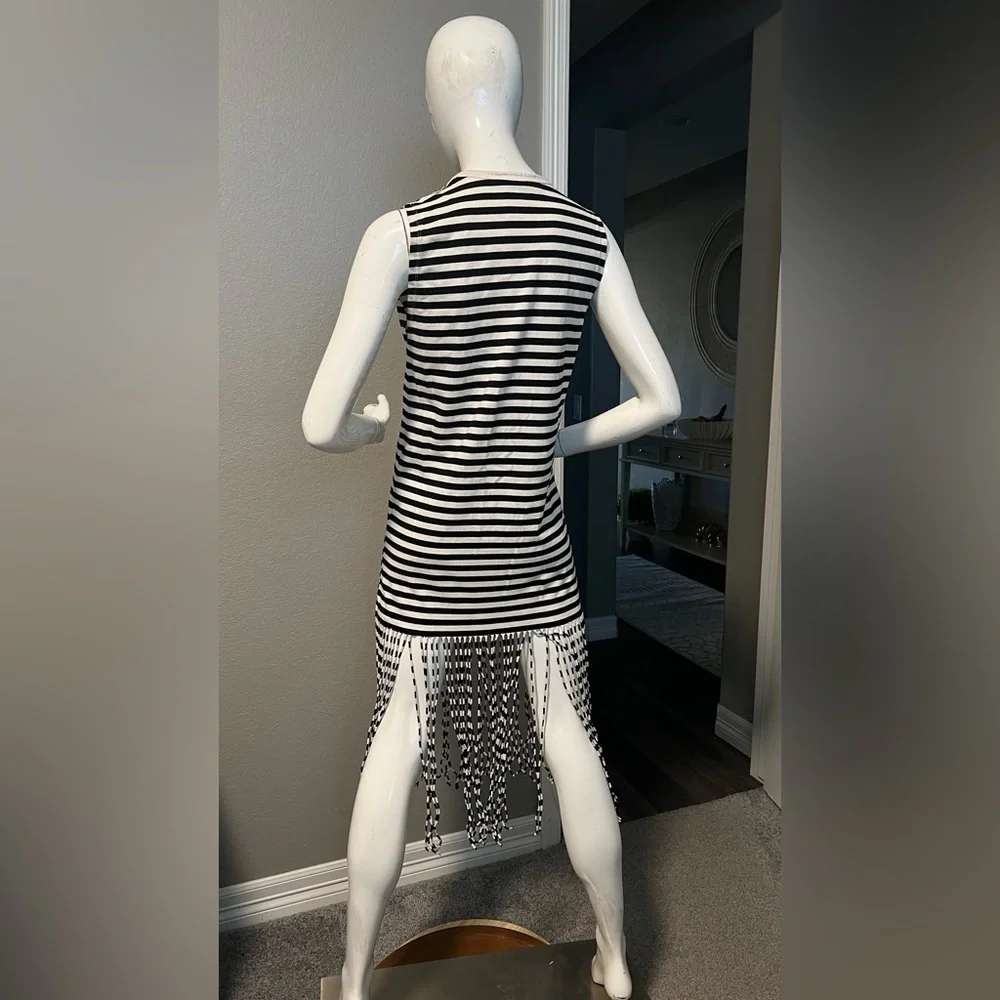 ZARA black/white striped fringed midi dress size S - Picture 4 of 9
